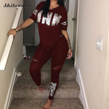 Load image into Gallery viewer, Pink Letter Print Tracksuits Women Two Piece Set 2018 Spring Plus Size T-Shirt Top And Pants Set Suits Casual Bodcon 2 Piece Set