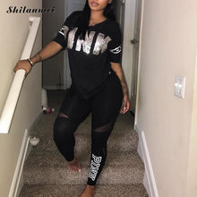 Load image into Gallery viewer, Pink Letter Print Tracksuits Women Two Piece Set 2018 Spring Plus Size T-Shirt Top And Pants Set Suits Casual Bodcon 2 Piece Set
