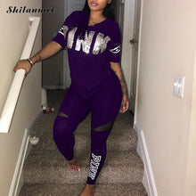 Load image into Gallery viewer, Pink Letter Print Tracksuits Women Two Piece Set 2018 Spring Plus Size T-Shirt Top And Pants Set Suits Casual Bodcon 2 Piece Set