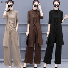 Load image into Gallery viewer, Knitted 3 Pieces Set Women Tracksuit Long Sleeve Cardigan and Sleeveless Pullover Tops and Wide Leg Pants Suit Women&#39;s Sets 2019