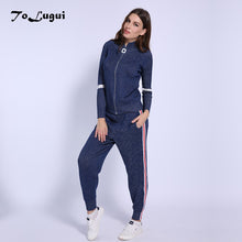 Load image into Gallery viewer, Women Tracksuit 2018 Autumn Casual Turtleneck Knit Sportwear Long Sleeve 2 Piece Pants Sets Stripe Knitting Suits Women