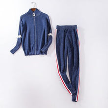 Load image into Gallery viewer, Women Tracksuit 2018 Autumn Casual Turtleneck Knit Sportwear Long Sleeve 2 Piece Pants Sets Stripe Knitting Suits Women