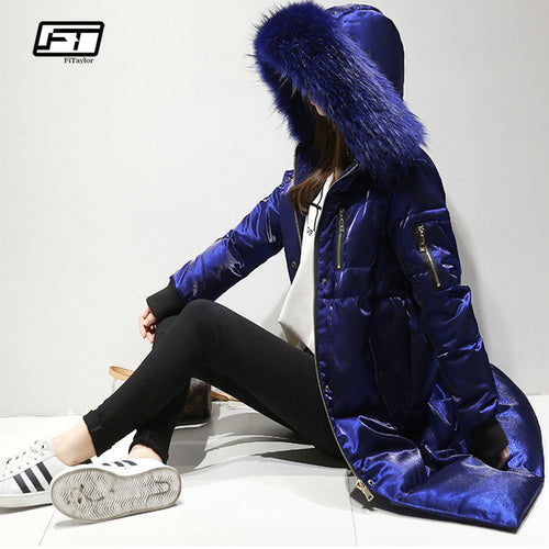 Fitaylor Winter Jacket Women White Duck Down Big Fur Collar Hooded Long Velour Parkas Coat Female Slim Snow Outerwear