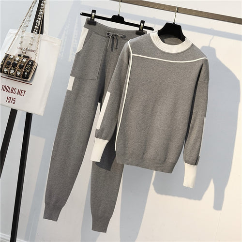 Autumn 2 Pieces Set Knitted Pullovers Sweater Casual Stripe Knit Jumper Tops and Pants Suits Fashionable Long Sleeve Tracksuits