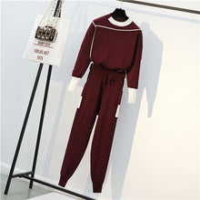 Load image into Gallery viewer, Autumn 2 Pieces Set Knitted Pullovers Sweater Casual Stripe Knit Jumper Tops and Pants Suits Fashionable Long Sleeve Tracksuits