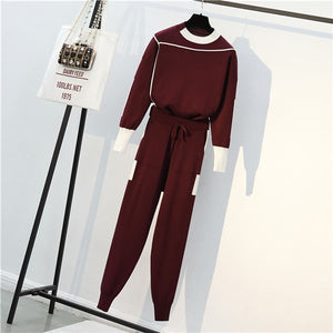 Autumn 2 Pieces Set Knitted Pullovers Sweater Casual Stripe Knit Jumper Tops and Pants Suits Fashionable Long Sleeve Tracksuits