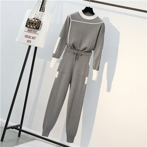 Autumn 2 Pieces Set Knitted Pullovers Sweater Casual Stripe Knit Jumper Tops and Pants Suits Fashionable Long Sleeve Tracksuits