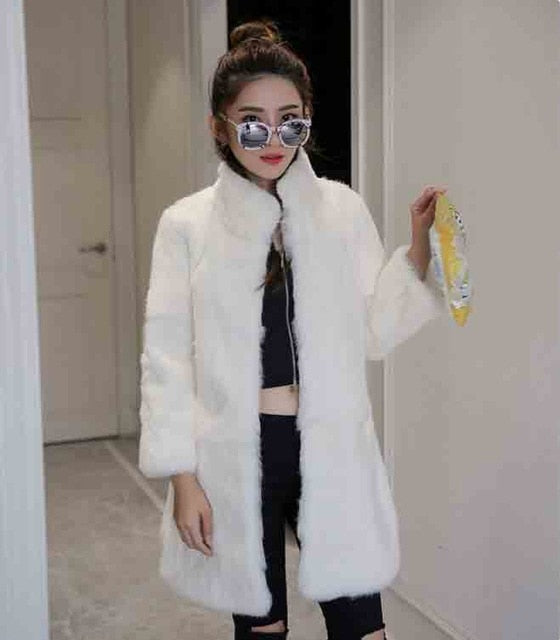 New Arrival Women's TONFUR Natural Full Whole Skin Genuine Rabbit Fur Coat with Keep Warm Mandarin Collar