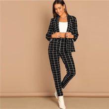 Load image into Gallery viewer, SHEIN Black Stretchy Grid Print Shawl Collar Plaid Long Sleeve Blazer Pants Set Women Autumn Workwear Morden Lady Twopiece