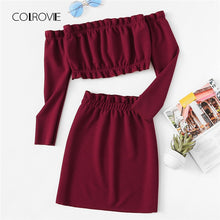 Load image into Gallery viewer, COLROVIE Burgundy Off The Shoulder Frill Trim Knit Crop Top Skirt Sexy Women Set Autumn Two Piece Set Beach Clothing Sets