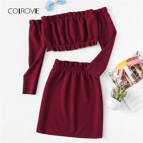 COLROVIE Burgundy Off The Shoulder Frill Trim Knit Crop Top Skirt Sexy Women Set Autumn Two Piece Set Beach Clothing Sets