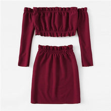 Load image into Gallery viewer, COLROVIE Burgundy Off The Shoulder Frill Trim Knit Crop Top Skirt Sexy Women Set Autumn Two Piece Set Beach Clothing Sets