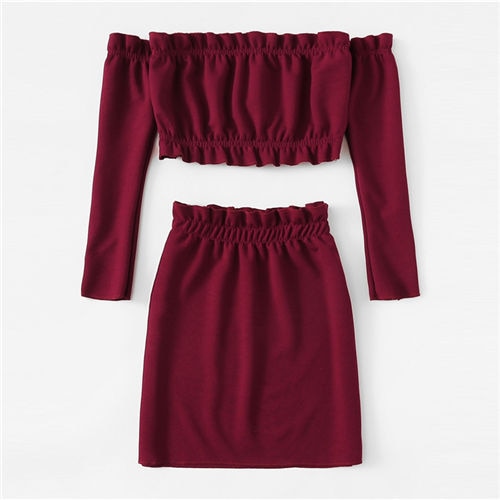 COLROVIE Burgundy Off The Shoulder Frill Trim Knit Crop Top Skirt Sexy Women Set Autumn Two Piece Set Beach Clothing Sets