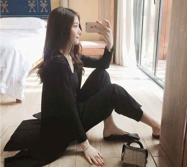 Casual Tracksuit Women 3 Pieces Set Knitted Pullover Sweaters Tops Deep V-neck Long Sleeve Sweatshirt Pants Women's Sets