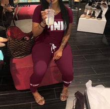 Load image into Gallery viewer, Women Pink Letter Print Sexy Tracksuit Plus Size Casual 2 Piece Set S-XXXL Summer Tops+Skinny Pants Two Piece Outfit