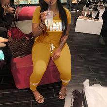 Load image into Gallery viewer, Women Pink Letter Print Sexy Tracksuit Plus Size Casual 2 Piece Set S-XXXL Summer Tops+Skinny Pants Two Piece Outfit