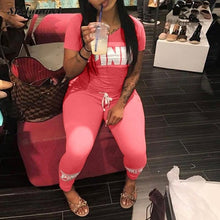 Load image into Gallery viewer, Women Pink Letter Print Sexy Tracksuit Plus Size Casual 2 Piece Set S-XXXL Summer Tops+Skinny Pants Two Piece Outfit