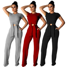 Load image into Gallery viewer, Women bandage o-neck long sleeve crop top full pants tracksuits two pieces set for women tops pants 2 piece set women's suit