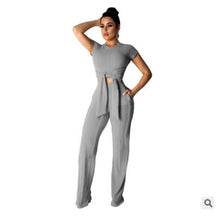 Load image into Gallery viewer, Women bandage o-neck long sleeve crop top full pants tracksuits two pieces set for women tops pants 2 piece set women's suit