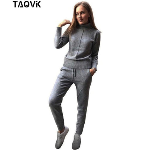 TAOVK Winter Woolen and Cashmere Knitted Warm Suit High Collar Sweater + Mink Cashmere Pants Loose Style Two-piece Set Knit