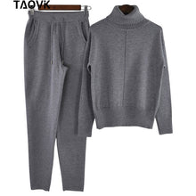 Load image into Gallery viewer, TAOVK Winter Woolen and Cashmere Knitted Warm Suit High Collar Sweater + Mink Cashmere Pants Loose Style Two-piece Set Knit