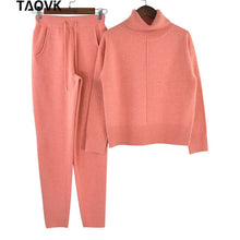 Load image into Gallery viewer, TAOVK Winter Woolen and Cashmere Knitted Warm Suit High Collar Sweater + Mink Cashmere Pants Loose Style Two-piece Set Knit