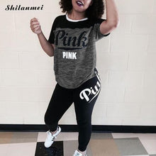 Load image into Gallery viewer, Summer Casual Plus Size 2 Piece Set Pink Letter Print Clothing Xxxl Women Tracksuit Short Sleeve Tops+ Pants Skinny Streetwear