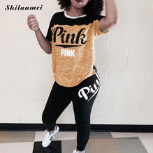 Load image into Gallery viewer, Summer Casual Plus Size 2 Piece Set Pink Letter Print Clothing Xxxl Women Tracksuit Short Sleeve Tops+ Pants Skinny Streetwear