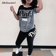 Load image into Gallery viewer, Summer Casual Plus Size 2 Piece Set Pink Letter Print Clothing Xxxl Women Tracksuit Short Sleeve Tops+ Pants Skinny Streetwear