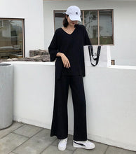 Load image into Gallery viewer, Knitting Female Sweater Pantsuit For Women Two Piece Set Knitted Pullover V-neck Long Sleeve Bandage Top Wide Leg Pants  Suit