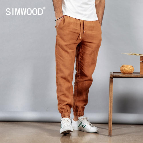 SIMWOOD 2019 spring 100% pure linen ankle-length pants men cool elasticated waistband drawstring plus size trousers male 190095