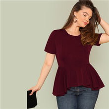 Load image into Gallery viewer, Sheinside Plus Size Ruffle Hem Womens Tops And Blouses 2019 Black Burgundy Stretch Solid Top Women Short Sleeve Summer Blouse