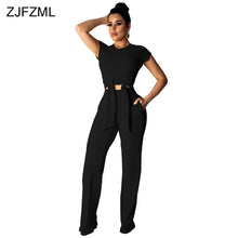 Load image into Gallery viewer, Kniteed Two Pieces Sets Women Clothes O Neck Short Sleeve Bandage Crop Top + Pocket Wide Leg Pants Candy Colors Tracksuit Outfit