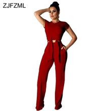 Load image into Gallery viewer, Kniteed Two Pieces Sets Women Clothes O Neck Short Sleeve Bandage Crop Top + Pocket Wide Leg Pants Candy Colors Tracksuit Outfit