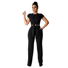 Load image into Gallery viewer, Kniteed Two Pieces Sets Women Clothes O Neck Short Sleeve Bandage Crop Top + Pocket Wide Leg Pants Candy Colors Tracksuit Outfit
