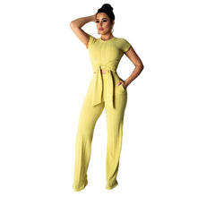 Load image into Gallery viewer, Kniteed Two Pieces Sets Women Clothes O Neck Short Sleeve Bandage Crop Top + Pocket Wide Leg Pants Candy Colors Tracksuit Outfit