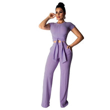 Load image into Gallery viewer, Kniteed Two Pieces Sets Women Clothes O Neck Short Sleeve Bandage Crop Top + Pocket Wide Leg Pants Candy Colors Tracksuit Outfit