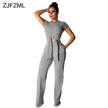 Load image into Gallery viewer, Kniteed Two Pieces Sets Women Clothes O Neck Short Sleeve Bandage Crop Top + Pocket Wide Leg Pants Candy Colors Tracksuit Outfit