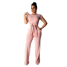 Load image into Gallery viewer, Kniteed Two Pieces Sets Women Clothes O Neck Short Sleeve Bandage Crop Top + Pocket Wide Leg Pants Candy Colors Tracksuit Outfit