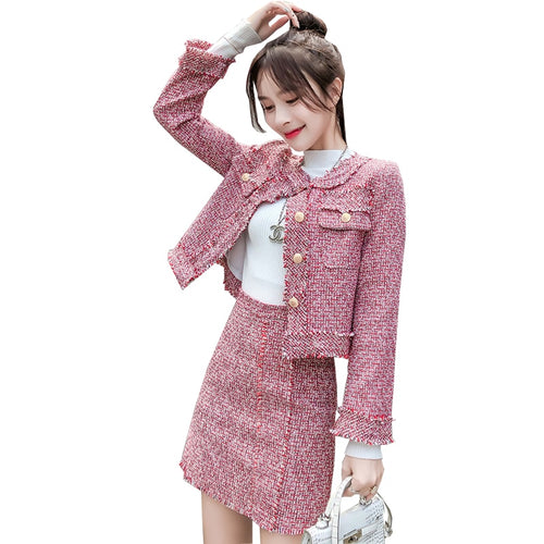 HAMALIEL High Quality Women 2 Piece Set Autumn Winter Red Tweed Tassel Single Breasted Jacket Coat + Fringe A Line Skirt Suits