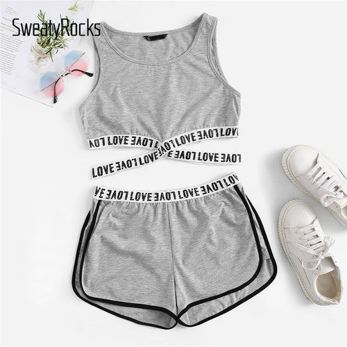 SweatyRocks Lettering Cross Strap Detail Tank And Dolphin Shorts Set Activewear Women Two Piece Sets Summer Two Piece Outfits