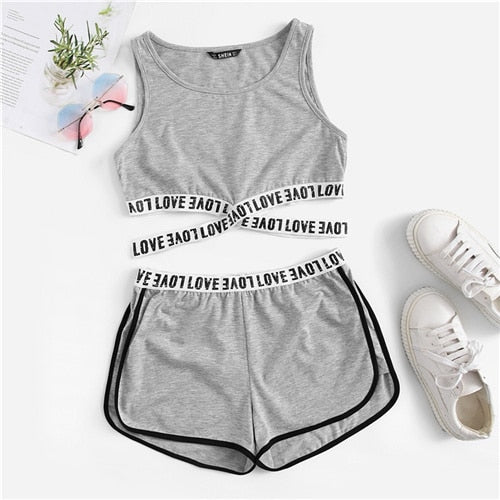 SweatyRocks Lettering Cross Strap Detail Tank And Dolphin Shorts Set Activewear Women Two Piece Sets Summer Two Piece Outfits