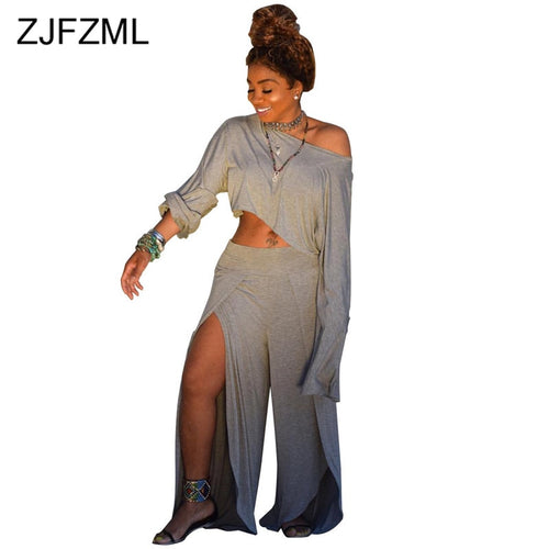 Casual 2 Piece Matching Set Women Clothes One Shoulder Long Sleeve Crop Top+High Split  Wide Leg Pant Tracksuit Two Piece Outfit