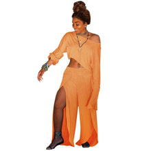 Load image into Gallery viewer, Casual 2 Piece Matching Set Women Clothes One Shoulder Long Sleeve Crop Top+High Split  Wide Leg Pant Tracksuit Two Piece Outfit