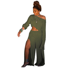 Load image into Gallery viewer, Casual 2 Piece Matching Set Women Clothes One Shoulder Long Sleeve Crop Top+High Split  Wide Leg Pant Tracksuit Two Piece Outfit