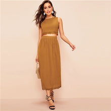Load image into Gallery viewer, SHEIN Elegant Brown Buttoned Back Lace Trim Crop Top and Long Skirt Set Women Spring Summer 2019 Sleeveless Fitted Two Piece Set