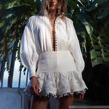 Load image into Gallery viewer, TWOTWINSTYLE Lace Patchwork Women Suit Lapel Lantern Sleeve Shirt High Waist Slim Mini Skirt Two Piece Set Female Spring 2019