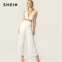 Load image into Gallery viewer, SHEIN Plunging Neck Top And High Waist Palazzo Pants Set White Solid Sexy Sleeveless 2 Piece Set Women Deep V Neck Set