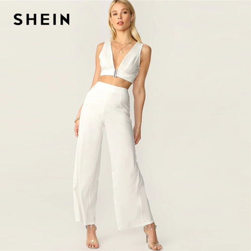SHEIN Plunging Neck Top And High Waist Palazzo Pants Set White Solid Sexy Sleeveless 2 Piece Set Women Deep V Neck Set