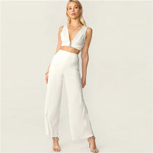 Load image into Gallery viewer, SHEIN Plunging Neck Top And High Waist Palazzo Pants Set White Solid Sexy Sleeveless 2 Piece Set Women Deep V Neck Set